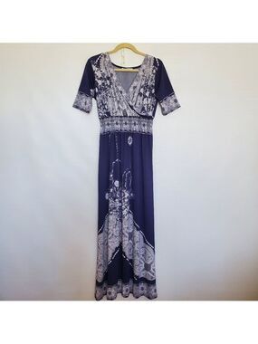 LAPOGEE MAXI DRESS FLORAL PAISLEY LIGHT-WEIGHT SOFT WHITE NAVY WOMENS ( L )